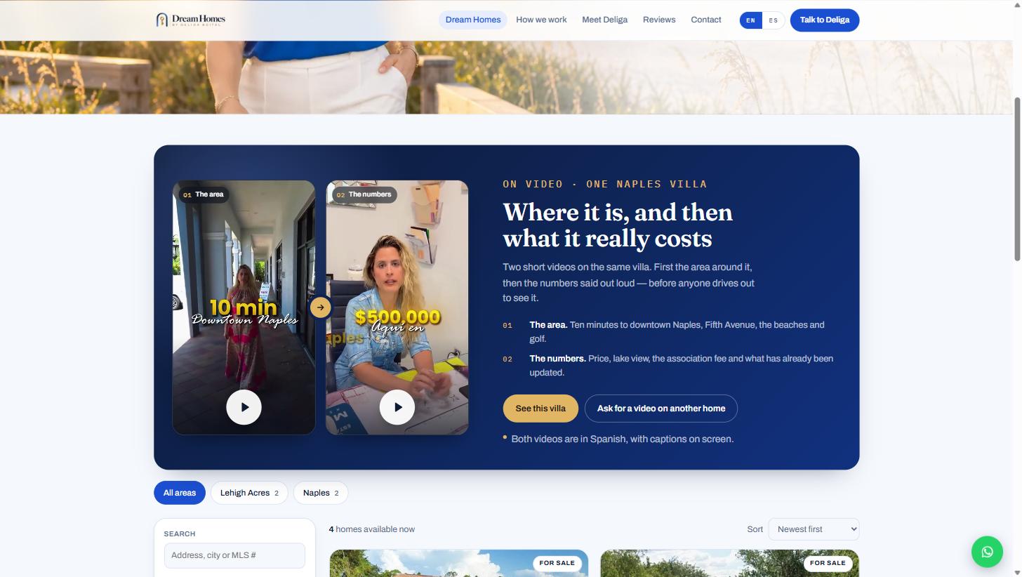 Sección Dream Homes con videos de propiedades y filtros por zona