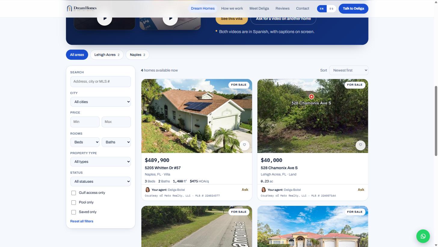 Buscador de propiedades con filtros de precio, habitaciones y tipo